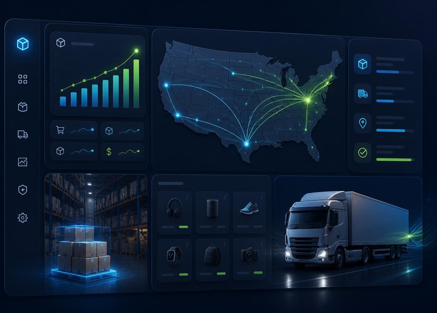 Fast QuivraMart warehouse dashboard showing US shipping routes, live order analytics, and same-day fulfillment
